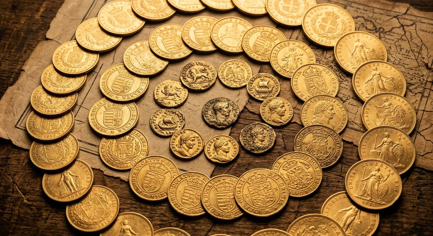 Istorijske zlatne kovanice raznih epoha poređane na tamnoj podlozi