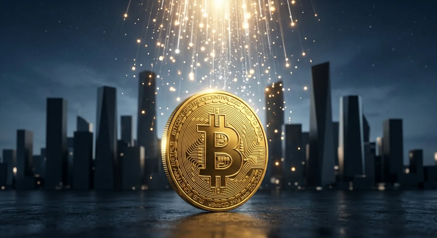 Ilustracija Bitcoin ETF-a — simbol BTC okružen zgradama finansijskih institucija
