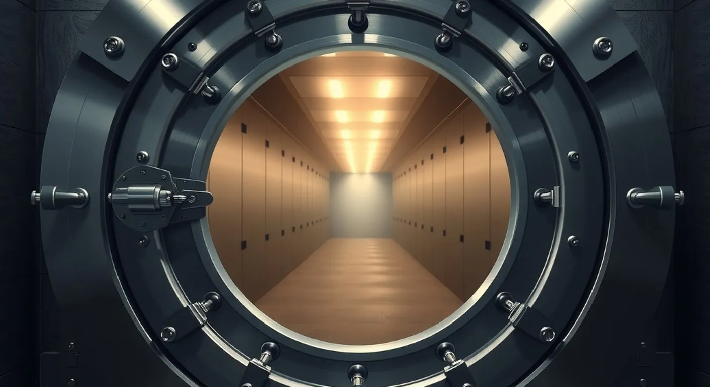 Otvorena kružna čelična vrata trezora sa pogledom na osvetljeni hodnik sa sefovima