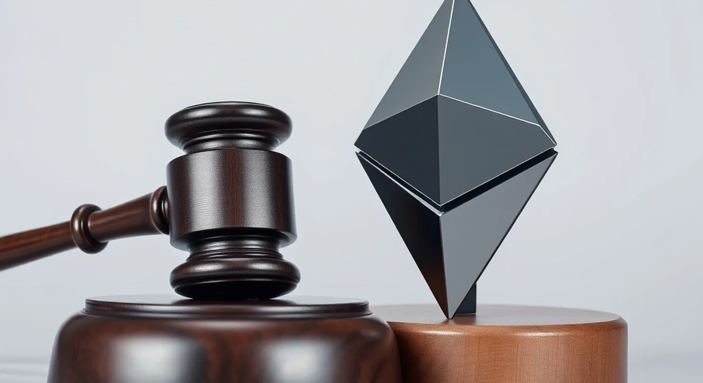 Sudijski čekić pored metalnog Ethereum kristala na svetloj podlozi