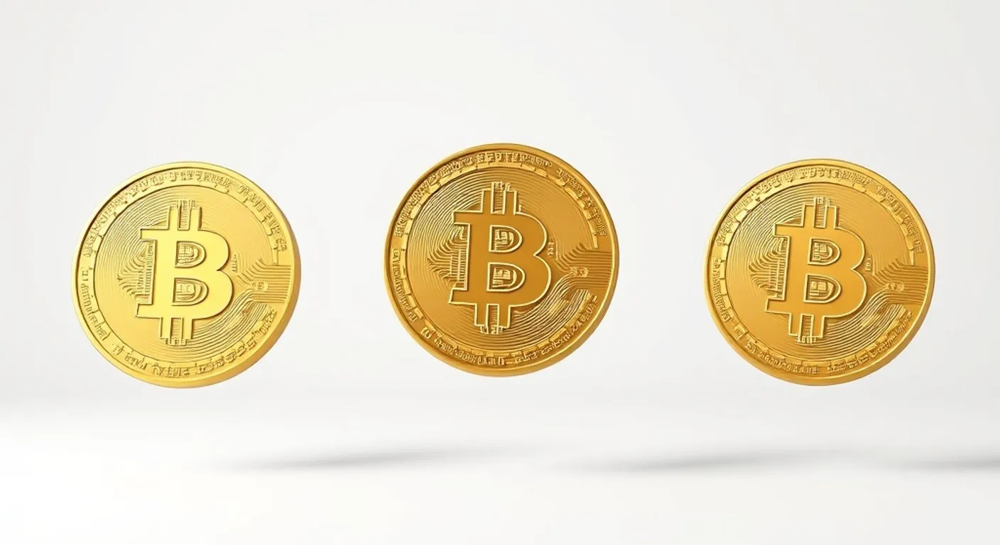 Tri zlatna bitcoin novčića na čistoj svetloj studijskoj pozadini — simbol ulaska kripta u klasične brokerske naloge