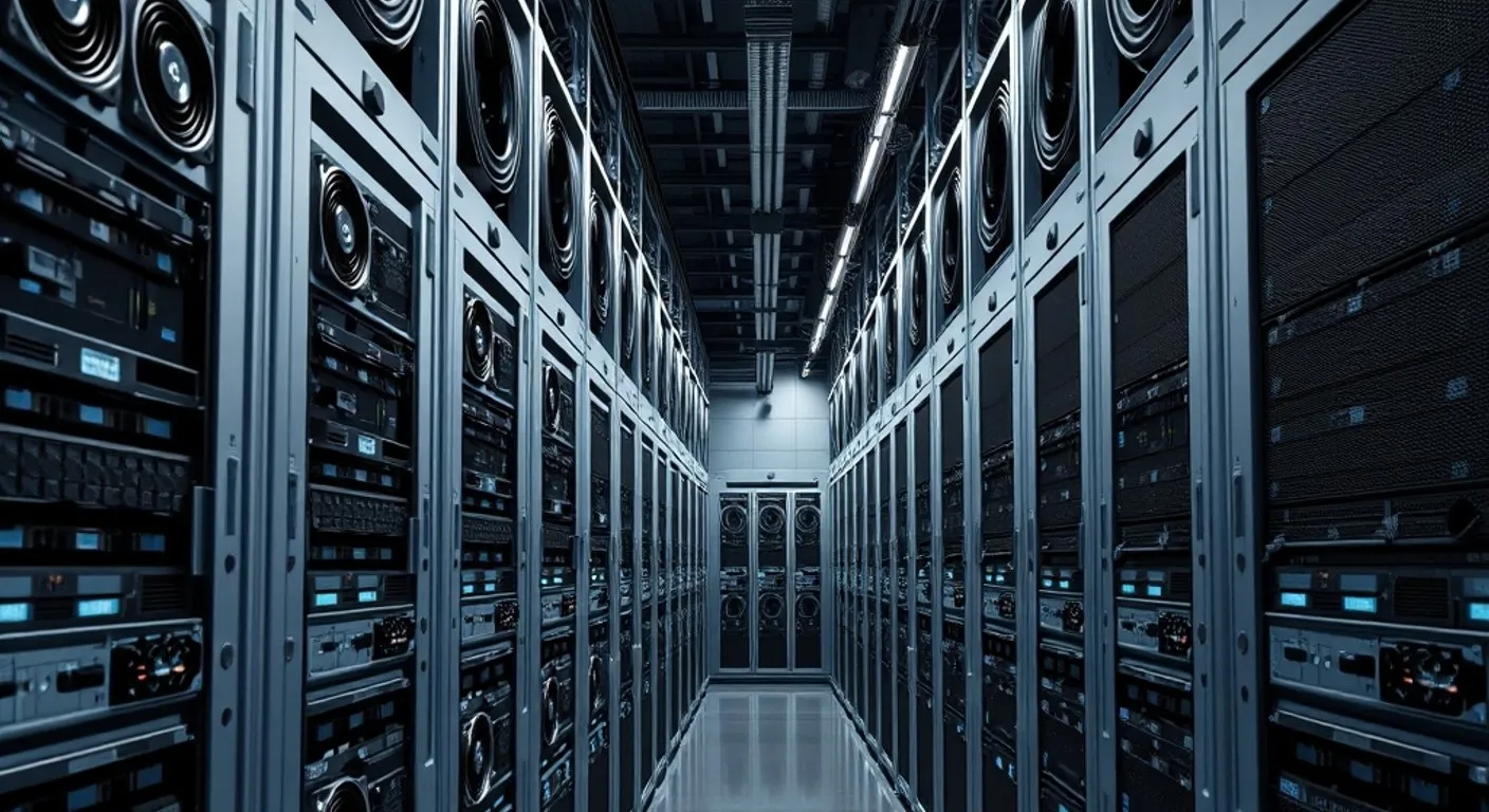 Prolaz između redova rudarskih mašina sa stotinama ventilatora u data centru